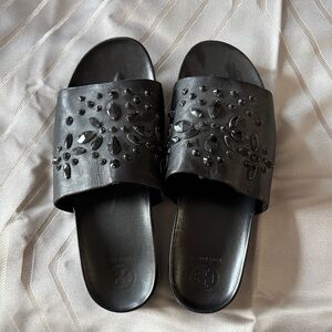 Tory Burch Brea Slide Sandal Black Leather Crystal Embellishments.